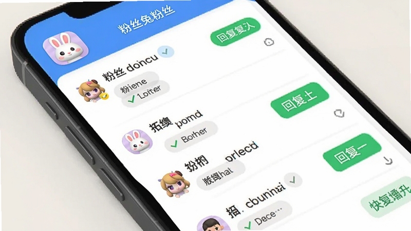 粉丝兔粉丝互动管理界面,手机屏幕显示多条粉丝留言列表,带有已读未读标记和快捷回复按钮,画面明亮清晰,突出粉丝兔应用图标,Boogu模型生成