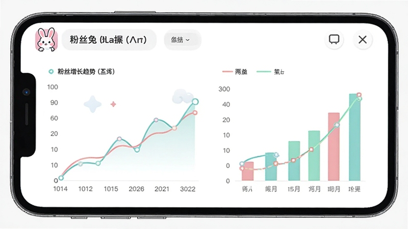 粉丝兔数据统计图表界面,手机屏幕上显示折线图和柱状图,展示粉丝增长趋势,配色清新,带有粉丝兔应用标志,Boogu模型生成