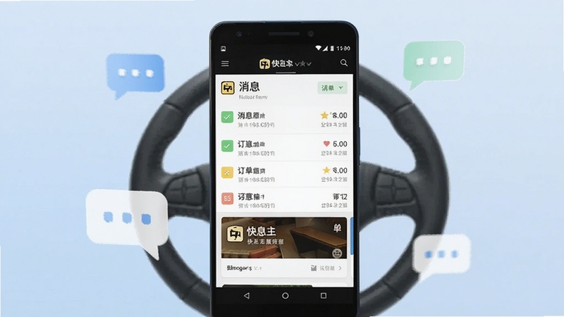 软件核心全貌展示,画面中央放置一部安卓手机,手机屏幕显示快车客服主界面,界面中有消息列表和订单卡片,背景为浅蓝色渐变,周围环绕简约的聊天气泡图标和方向盘元素,整体风格清爽商务,适配Boogu模型生成