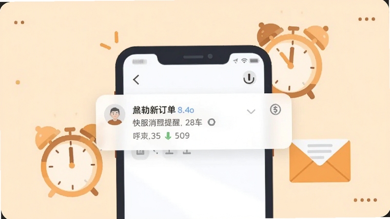 快车客服消息提醒功能展示,画面中手机屏幕弹出通知横幅,显示新订单消息,手机旁边有闹钟和信封图标,背景为淡橙色,突出提醒的及时感,风格扁平化插画,适配Boogu模型生成