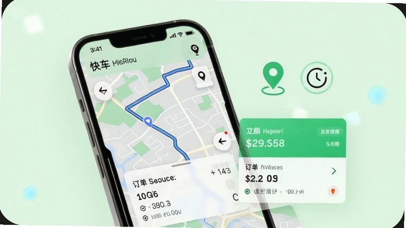 快车客服行程信息页面展示,手机屏幕显示地图路线和订单详情卡片,旁边有定位图标和时钟图标,背景为浅绿色,体现行程管理的清晰与高效,风格简约科技感,适配Boogu模型生成