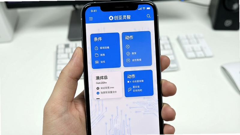 创亚灵智 场景联动设置界面 手机画面 条件与动作卡片 蓝色高亮 扁平化设计 科技感 白色背景
