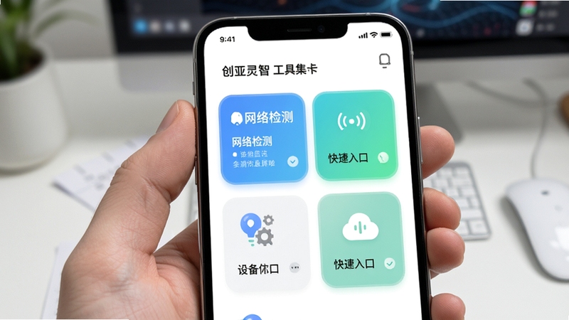 创亚灵智 工具集卡片界面 手机屏幕 网络检测 设备信息 快捷入口 清新配色 圆角卡片 白色背景