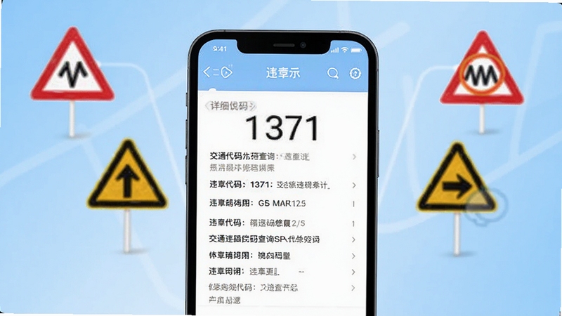 交通违规代码查询软件查询结果展示图,画面主体为手机屏幕显示违章代码1371的详细说明,背景为浅蓝色渐变,点缀交通标志图标,风格简洁商务,Boogu模型生成