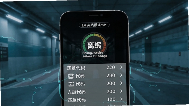 交通违规代码查询软件离线查询功能示意图,画面为手机屏幕显示离线模式标识与违章代码列表,背景为隧道或地下车库环境,冷色调科技感,Boogu模型生成