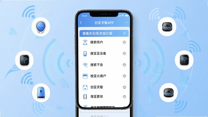 创亚灵智APP设备添加引导页面截图风格图,画面中央为手机屏幕显示搜索附近设备列表,周围有Wi-Fi信号波纹与智能设备图标环绕,背景为浅蓝色渐变,整体清晰明亮,体现创亚灵智配网流程的便捷性