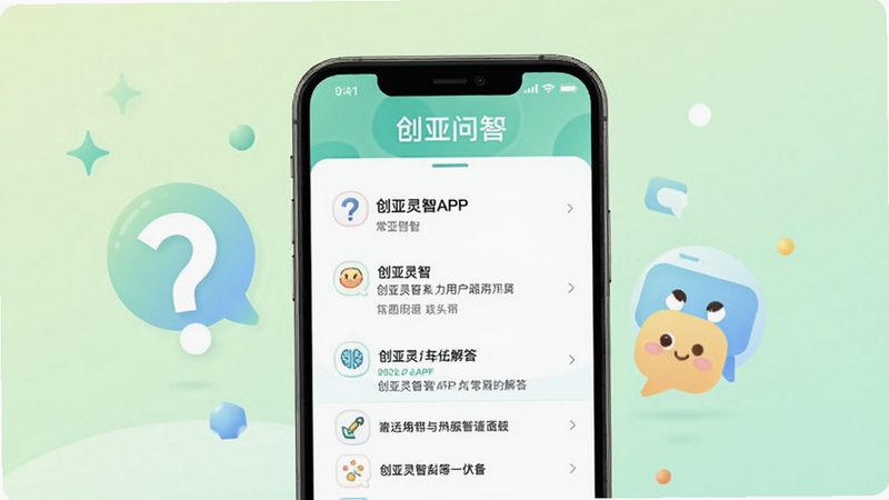 创亚灵智APP问答界面示意图,画面为手机屏幕显示常见问题列表与解答内容,背景为柔和浅绿色渐变,旁边有问号与对话气泡装饰元素,整体风格亲切易懂,突出创亚灵智的用户服务体验