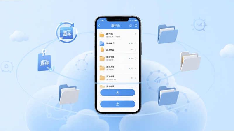 嘉林云软件主界面全貌展示,画面中央为手机屏幕悬浮在浅蓝色云朵背景之上,屏幕内呈现嘉林云的文件列表与上传按钮,四周环绕数据同步图标与文件夹元素,整体风格清爽科技感,适配Boogu模型生成