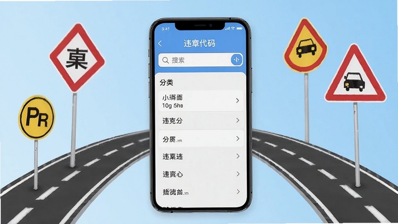 交通违规代码查询软件主界面展示,画面中央为手机屏幕,屏幕内显示违章代码搜索框与分类列表,背景为浅蓝色渐变,周围点缀交通标志与道路元素,整体风格清爽简洁,适配Boogu模型生成