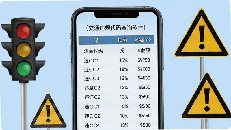 交通违规代码查询软件扣分罚款对照页面,画面中央为手机屏幕显示表格化数据,左侧为违章代码,右侧为扣分与金额,背景为淡蓝色,屏幕周围有交通信号灯与警示标志装饰
