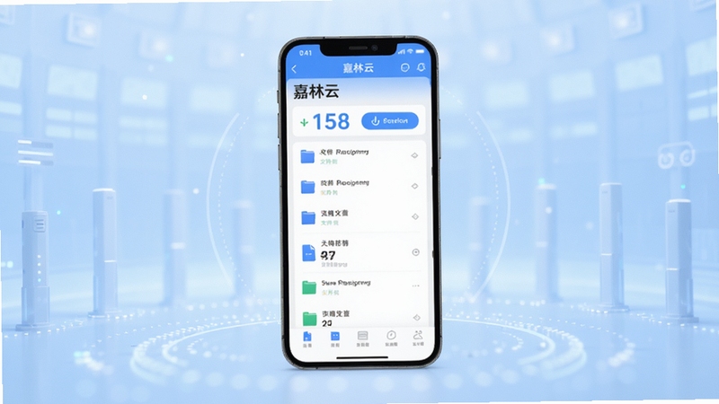嘉林云软件主界面全景展示,画面中央为手机屏幕中的嘉林云应用首页,背景为淡蓝色渐变科技感空间,界面中清晰呈现文件列表、上传按钮与存储空间状态,整体风格简洁清爽,适配Boogu模型生成