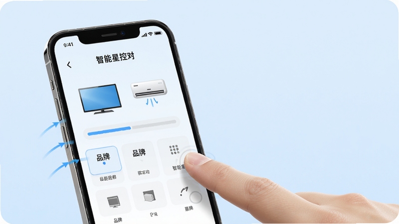 万能遥控器智控星智能配对界面,手机屏幕显示配对进度条和品牌选择界面,画面中有电视和空调的图标,手机旁边有手指点击屏幕的示意,背景为清爽的淡蓝色,整体风格简约科技,高清写实