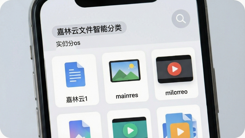 嘉林云文件智能分类界面特写,手机屏幕上清晰展示文档、图片、视频等分类标签与缩略图网格,画面右上角有搜索放大镜图标,背景为柔和浅灰色,突出界面层次感与实用性
