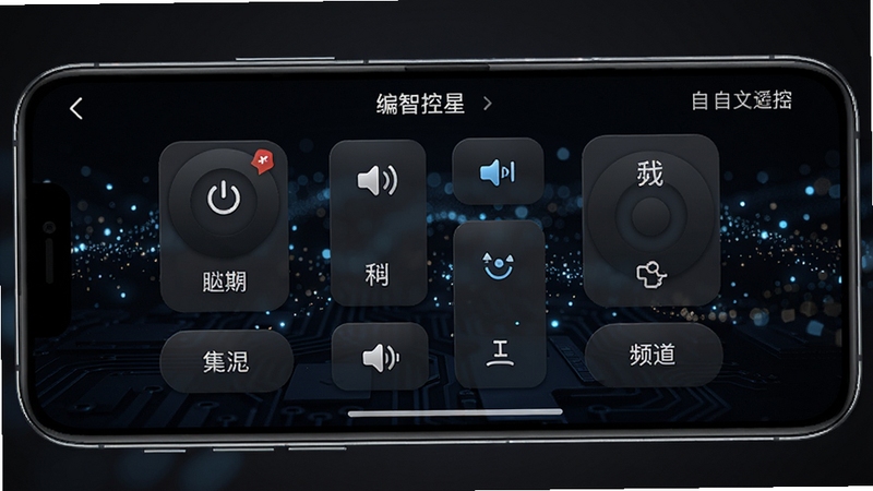 万能遥控器智控星自定义遥控器编辑界面,手机屏幕上显示可拖拽的遥控按键布局,有电源、音量、频道等按钮,界面支持自定义命名和排列,背景为深色科技风格,带有微光粒子效果,高清细节,未来感设计