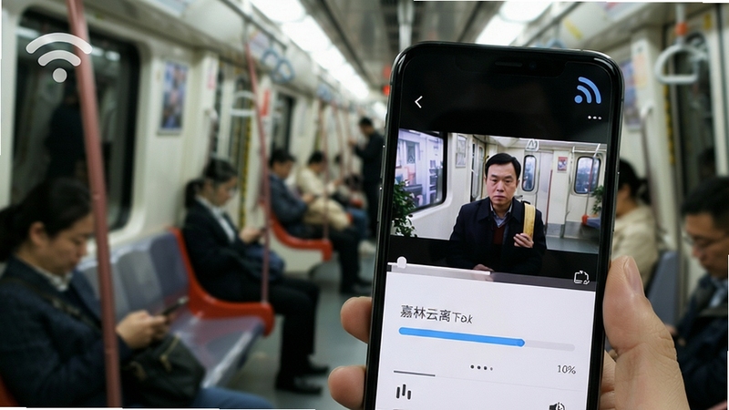 嘉林云离线下载与播放功能展示,手机屏幕中显示视频播放界面与下载进度条,画面角落有WiFi信号图标,背景为地铁通勤场景虚化效果,体现移动端便捷使用体验