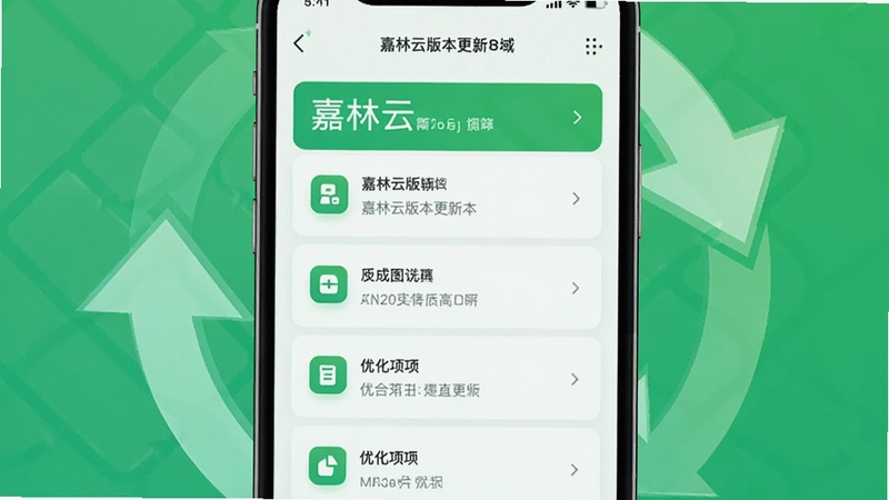 嘉林云版本更新界面截图,手机屏幕显示更新日志列表与优化项图标,画面采用清新绿白配色,背景为抽象的软件更新循环箭头图案,整体风格现代简洁
