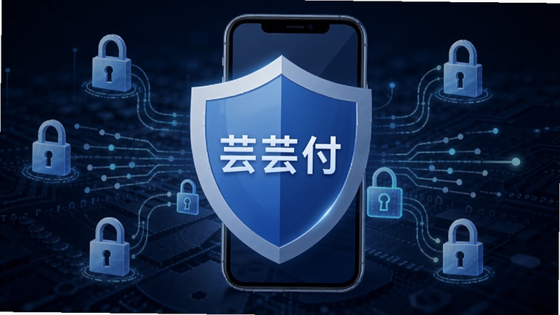 芸芸付安全防护功能示意图,画面中央为盾牌图标与手机结合,盾牌表面有芸芸付字样,背景为深蓝色科技纹理,四周有锁形图标与数据加密线条环绕