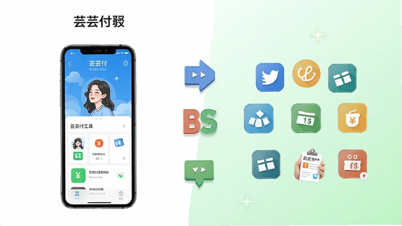 芸芸付与同类产品对比示意图,画面左侧为芸芸付手机界面,右侧为其他收款工具图标群,中间用对比符号连接,背景为白色与浅绿色渐变,突出轻量简洁的产品特色