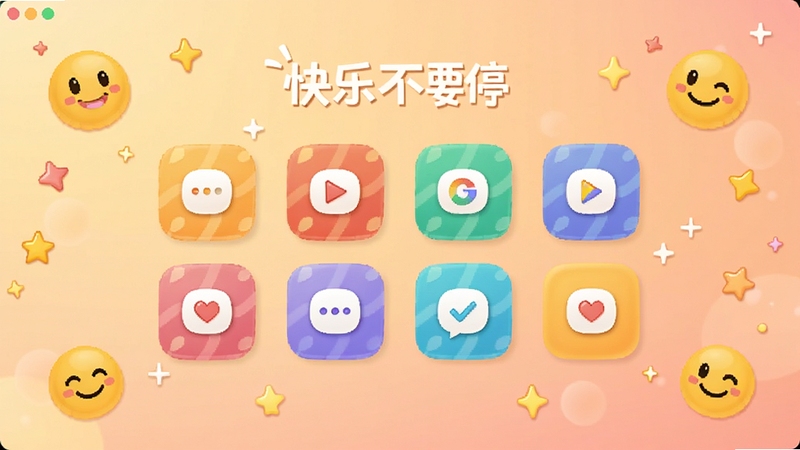 快乐不要停 软件主界面全貌展示,画面中央是色彩明快的功能入口图标,背景为柔和的渐变暖色调,四周点缀笑脸和星星元素,整体风格轻松活泼,适配Boogu模型生成