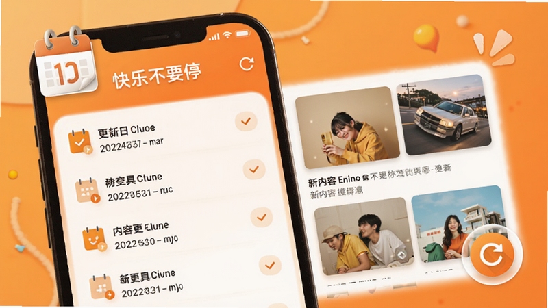 快乐不要停 内容更新界面,手机屏幕显示更新日志列表和新内容预览图,画面中有日历和刷新图标,背景为温暖的橙色系,突出持续更新和新鲜感