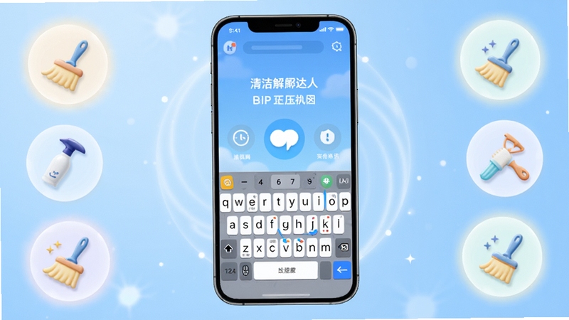 清洁解压达人 软件主界面 中央展示手机屏幕内清洁键盘场景 四周环绕柔和光效与清洁工具图标 背景为浅蓝色渐变 突出解压放松氛围