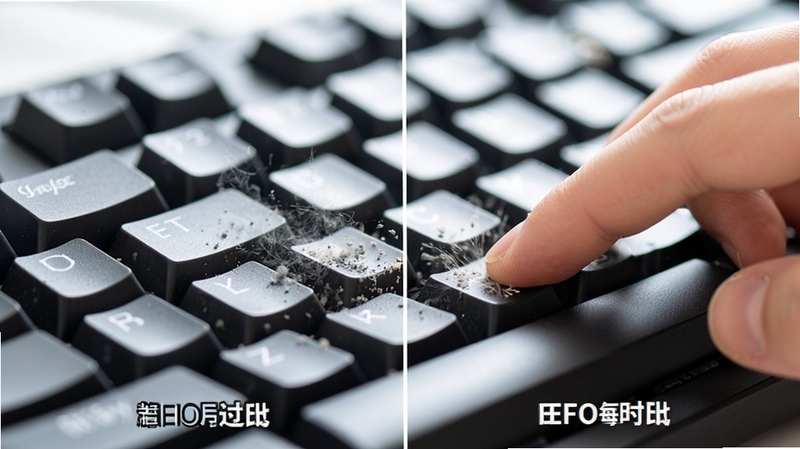 清洁解压达人 清洁键盘场景特写 手指在键盘缝隙间滑动 灰尘颗粒被清除 画面呈现前后对比效果 明亮清新的视觉风格 突出解压爽感