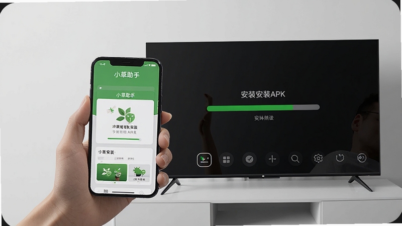 小草助手 手机推送APK到电视安装界面图 画面主体为一只手拿着手机,手机屏幕显示小草助手推送安装界面,旁边是一台智能电视,电视屏幕显示安装进度条,背景为浅灰色简约风格,高清,细节清晰,适配Boogu模型生成