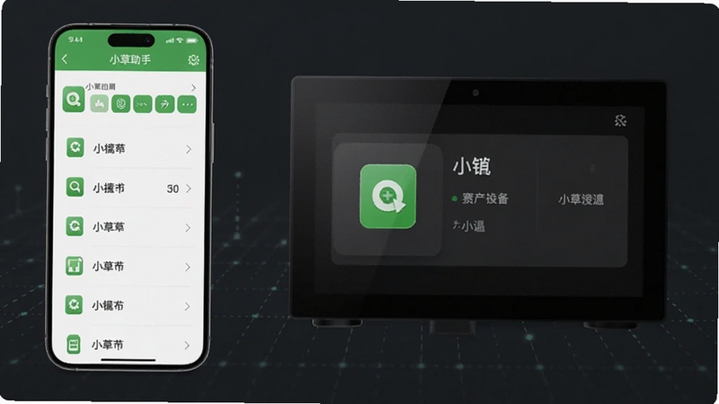 小草助手 设备连接调试界面图 画面主体为手机屏幕展示小草助手的设备搜索列表,旁边有一台电视盒子,屏幕显示设备信息面板,背景为深灰色科技风格,有淡淡的网格线条,高清,适配Boogu模型生成