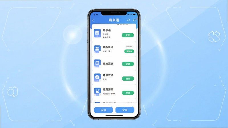 易卓通软件主界面全貌展示,画面中央为手机屏幕正视图,屏幕内呈现易卓通应用列表与安装按钮,背景为浅蓝色渐变科技风格,四周点缀几何线条与光晕,整体干净清爽,适配Boogu模型生成,突出易卓通核心功能