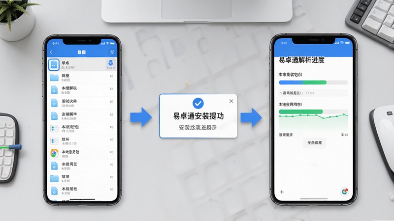 易卓通智能解析本地安装包功能展示图,画面左侧为手机文件列表,右侧为易卓通解析进度界面,中间有箭头指向安装成功提示,背景为淡灰色工作台风格,细节清晰,体现易卓通对本地应用包的识别与处理能力