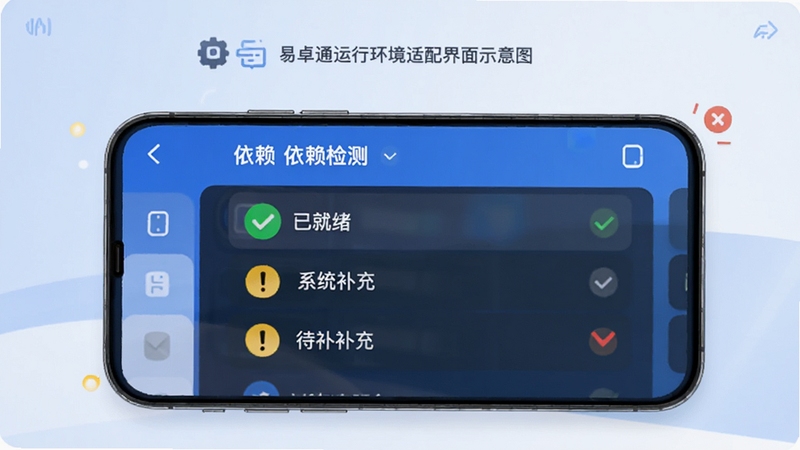易卓通运行环境适配界面示意图,画面中手机屏幕显示依赖检测列表,绿色对勾表示已就绪,黄色感叹号表示待补充,背景为柔和蓝白配色,突出易卓通对系统组件与运行库的检测能力