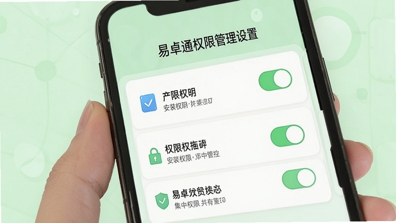 易卓通权限管理设置页面展示,手机屏幕内呈现权限开关列表与说明文字,背景为浅绿色清新风格,图标简洁明了,体现易卓通对安装权限的集中管控功能