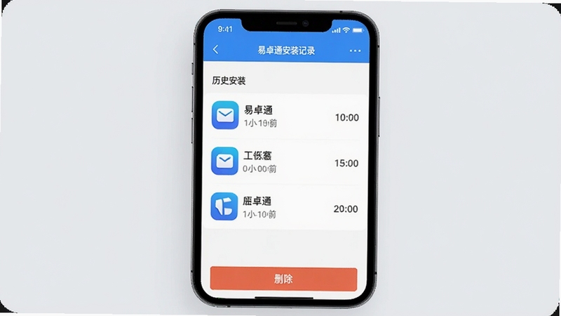 易卓通安装记录与包体管理界面,画面中手机屏幕显示历史安装列表,每条记录包含应用图标、名称与时间,底部有删除按钮,背景为浅灰极简风格,突出易卓通对安装包的有序管理