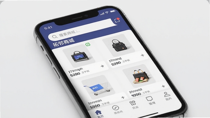 拓邻商城 应用主界面 手机屏幕展示 购物商城 商品列表 顶部搜索栏 底部导航菜单 现代简约风格 浅色背景 高清细节