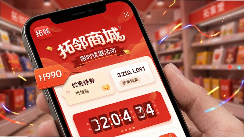 拓邻商城 限时优惠活动页面 手机界面 折扣标签 优惠券 倒计时 红色主题 促销氛围 高清细节