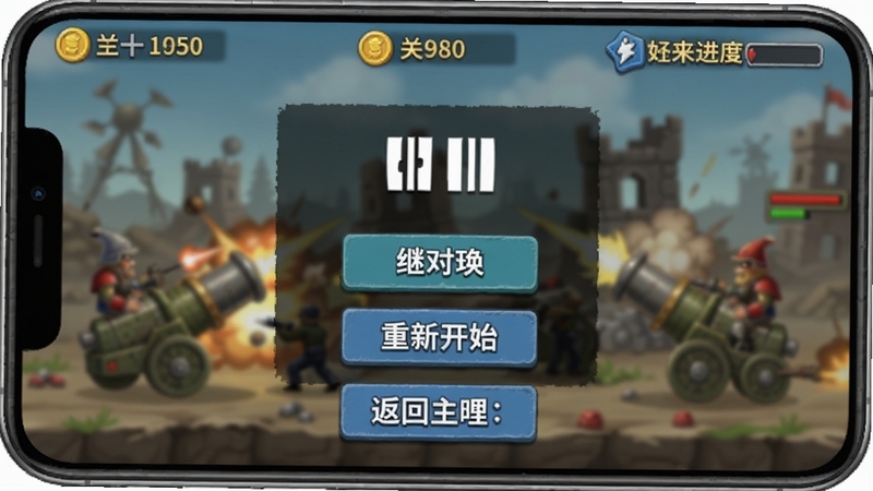 疯狂大炮保卫战离线模式界面,手机屏幕显示游戏暂停菜单,有继续游戏、重新开始、返回主菜单按钮,背景是战斗场景虚化,屏幕上方显示金币数量和关卡进度