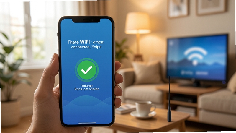 万能WiFi免密钥连一键连接成功界面,手机屏幕显示已连接状态与绿色对勾图标,背景为温馨室内环境,突出轻松上网氛围