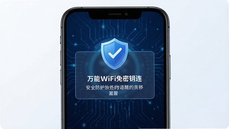 万能WiFi免密钥连安全提醒弹窗界面,手机屏幕显示盾牌图标与温馨提示文字,背景为深蓝色科技纹理,强调安全防护概念