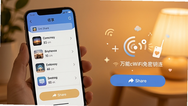 万能WiFi免密钥连收藏夹与分享功能界面,手机屏幕展示收藏列表与分享按钮,背景为柔和暖色调,突出社交分享属性