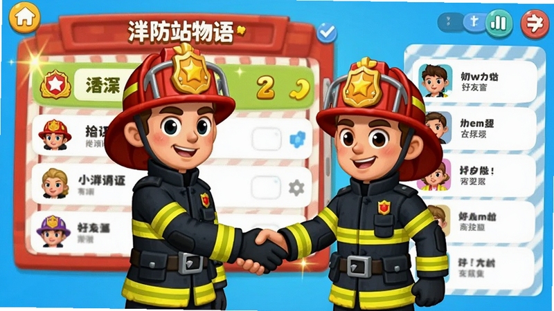 消防站物语社交界面,两位卡通消防员握手,背景是排行榜和好友列表,游戏UI界面,明亮活泼的色调