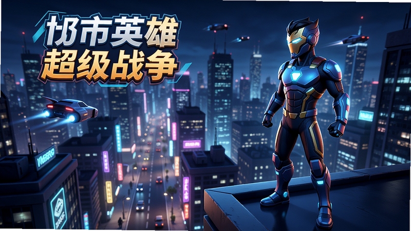 城市英雄超级战争游戏主界面,一位身穿高科技战衣的超级英雄站在摩天大楼顶端俯瞰繁华都市夜景,霓虹灯光映照在城市街道上,远处有飞行器穿梭,画面采用3D渲染风格,色彩鲜艳,充满科幻与英雄主义气息
