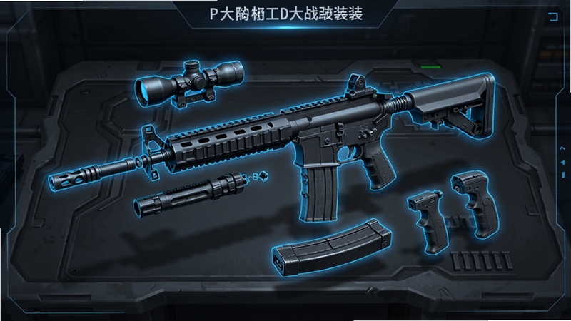 特工大战武器改装界面,展示一把突击步枪的配件拆解图,瞄准镜、枪管、弹匣、握把等部件悬浮在四周,背景为深灰色科技感工作台,蓝色光效勾勒部件轮廓,界面简洁硬朗,游戏UI风格