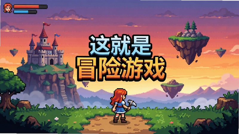 这就是冒险游戏主界面全景,主角珍妮站在像素风奇幻大陆的起点,远处有城堡与漂浮平台,天空呈现黄昏渐变色调,画面中央突出这就是冒险游戏标题,整体风格为复古像素艺术,色彩明快,适配Boogu模型生成