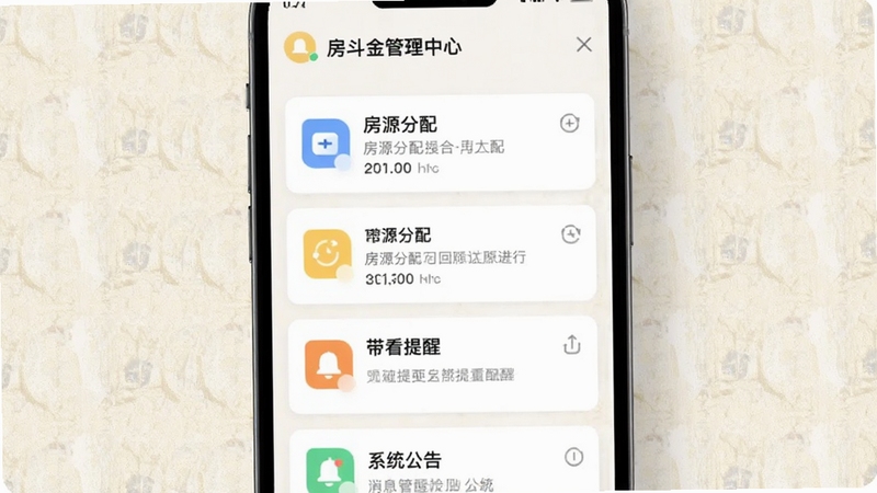 房斗金管理端消息提醒中心界面,手机屏幕中展示多条通知卡片,包含房源分配、带看提醒与系统公告,每条通知左侧有对应图标,背景为浅色纹理,整体干净利落