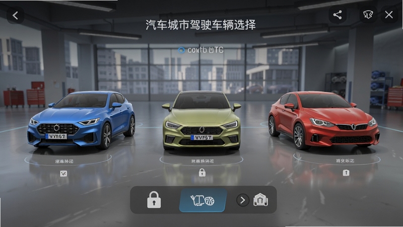 汽车城市驾驶车辆选择界面,画面主体为三辆不同颜色和型号的汽车并排展示,背景区域为城市车库环境,3D渲染风格,光影柔和,突出车辆解锁与个性化功能。