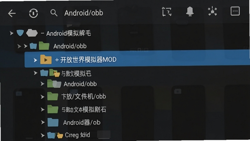 开放世界模拟器MOD安装文件夹路径示意图,手机文件管理器界面显示Android/obb目录结构,高亮标注目标文件夹,背景为深色主题,文字清晰