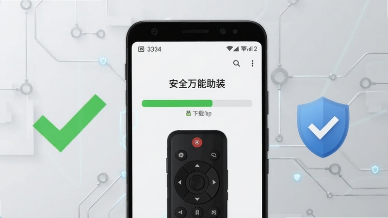 一部安卓手机屏幕显示遥控器万能助手的安装进度条,旁边有绿色对勾和盾牌安全图标,背景为浅灰色科技纹理,画面中央手机直立展示,突出安全下载安装的主题