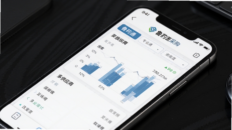 鲁药通 采购比价列表页面 多供应商报价对比 手机界面 数据图表展示 专业商务风格 白色背景 高清细节