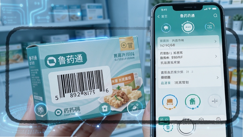 鲁药通 药品扫码识别界面 手机摄像头对准药盒条码 屏幕显示药品详细信息 现代科技感 浅蓝色调 高清画质