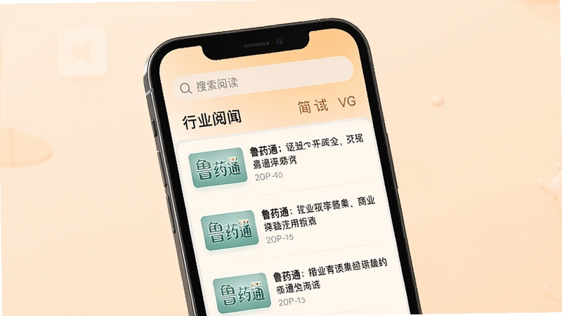 鲁药通 资讯阅读界面 手机屏幕显示行业新闻列表 顶部搜索栏 简洁阅读模式 柔和护眼背景 高清展示